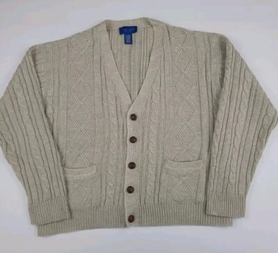 Vintage Towncraft Acrylic Tan Beige Cable Knit Cardigan Sweater Vtg Used 90s - Image 1 of 4