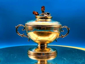 Vintage 925 Sterling Solid Silver Real Amber Sugar Bowl Rose Design Boxed 307g - Picture 1 of 10