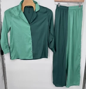 Nasty Gal Women's Size 6 Pajama Set Pants Colorblock Button Shirt Satin Green - Picture 1 of 7