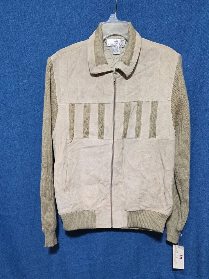 Peter Et Jon Full Zip Jacket Suede Leather Knit Beige Mens 80s Hipster Retro L - Image 1 of 4
