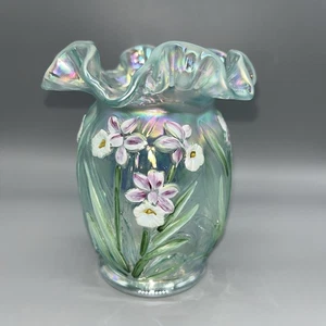 Fenton Handpainted Blue Iridescent Embossed Daffodils Ruffle Vase J Schultz - Picture 1 of 7