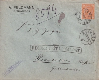 RUMANÍA - 1893 CUBIERTA REGISTRADA BUCURESTI A ALEMANIA EXCELENTE SELLO VERSO Foto 1 de 2