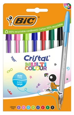 BIC Cristal Multicolour Ballpoint Pens - Pack of 8 Bold 1.6mm Tip