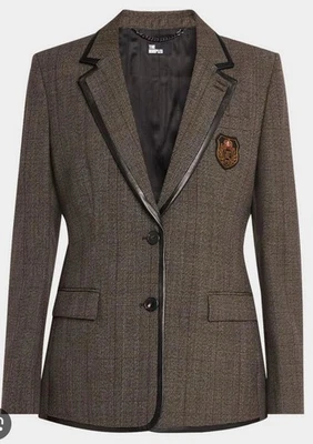 Blazer The Kooples Príncipe de Gales Lana Crestada Marrón Negro Cuero Borde Nuevo con Etiquetas $665 Foto 1 de 4