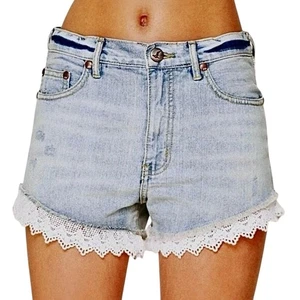 Free People Women's Blue Denim Shorts, Light Wash, Lace Trimmed, Size 25 - Picture 1 of 8