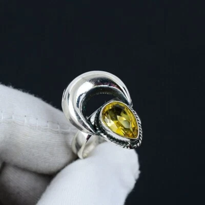 Crescent Moon Ring Citrine 925 Silver Handmade Antique Designer Women Rings M465 - Image 1 of 3