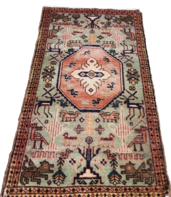 3'6"x2'1" ANTIQUE HAND KNOTTED CAUCASIAN KAZAK SERAPE TRIBAL WOOL MUTED  RUG - Image 1 of 4