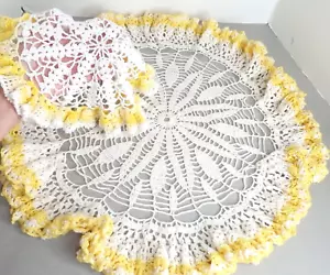 VTG Hand Crocheted Doilies MCM Round White, Yellow Ruffles 13" & 22” Set of 2 - Picture 1 of 6