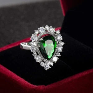 3 Ct Pear Cut Lab Created Green Emerald Engagement Ring In 14K White Gold Plated - Picture 1 of 6
