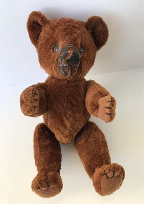 "Antiguo oso de peluche marrón relleno temprano articulado cosido hermoso oso 12""" Foto 1 de 4
