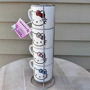 Silver Buffalo Sanrio White Classic Hello Kitty Stackable 4 Mugs 1 Rack Set New - Picture 1 of 14
