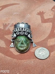 Pendant Brooch Pin Sterling Silver & Calcite Mayan Aztec God - Picture 1 of 6