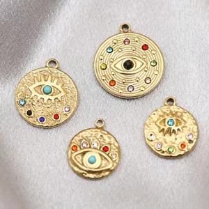 5pz Ciondoli Rotondi Ciondoli Oro 18K Acciaio Inox Cristallo Malocchio - Foto 1 di 9