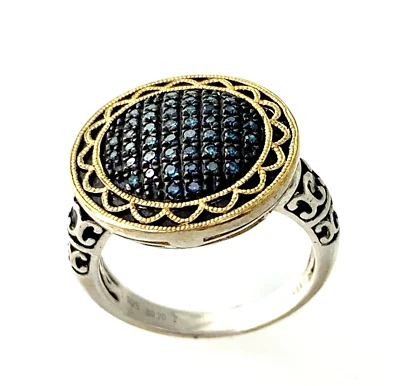 Anillo de plata de ley de dos tonos de diamantes azul oliva talla 6,5 Foto 1 de 4