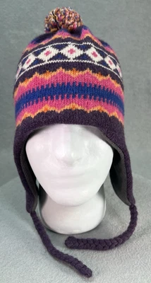 Gorro de lana de cordero Lands’ End toque tejido sombrero forrado de lana Pom Fair Isle púrpura Foto 1 de 4