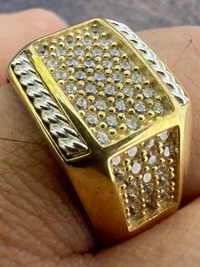 Mens Real 14k Gold Plated Solid 925 Sterling Silver Iced CZ Ring Hip Hop Cuban - Picture 1 of 4