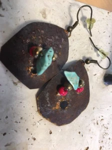 Handcrafted Rustic Vintage 1" Earrings Pierced Hoop Dangle W/ Stones & Beads - Picture 1 of 4