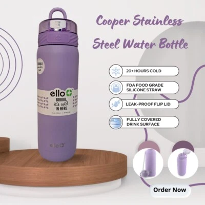Botella de agua de acero inoxidable Ello Cooper con pajita y asa de transporte, doble Foto 1 de 4