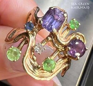 14k Gold Multi-Gem MCM Modern Ring. 3/4" Diamond, Emerald *Video* - Picture 1 of 12