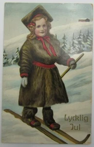 Postal de Fredrik Peterson de Fredrik Peterson de Navidad Niños 1913 Una chica con abrigo y esquís - Imagen 1 de 2