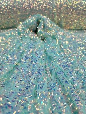 Fabric Sold By The Yard Mint Sequin Iridescent Embroidery On Stretch Mesh Clothi - Image 1 of 4