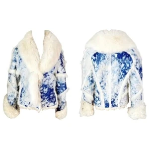 Roberto Cavalli F/W 2001 Blue Tie Dye Shearling Leather & Fox Fur Jacket Coat - Picture 1 of 19