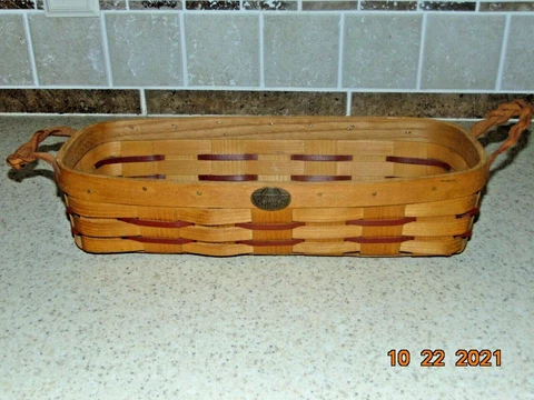 Peterboro Basket Co Rectangular 15"x6"x4" Braided Leather Handles Red Strips USA Cover