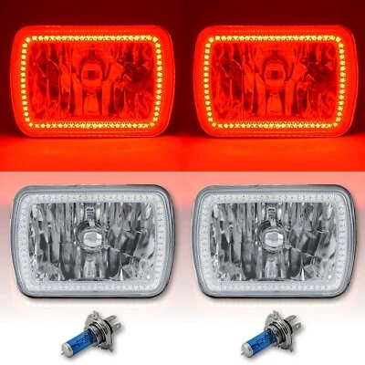 7X6" Red SMD LED Halo Angel Eye Clear Headlight 55/60W Halogen Light Bulb Pair - Image 1 of 4