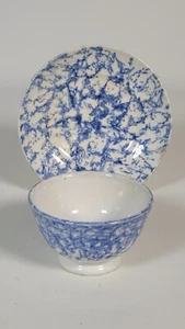Early Child's Size Blue Spongeware Primitive Cup & Saucer Set - Picture 1 of 9