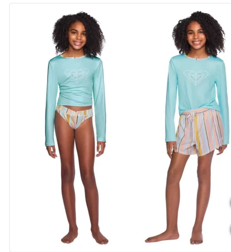Roxy Niñas Talla Pequeña 7/8 Lt Azul Rashguard Bikini Pantalones Cortos 3 Piezas Conjunto de Natación Nuevo con Etiquetas Foto 1 de 4