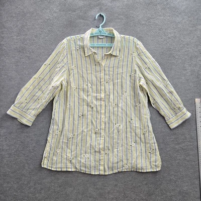 Coldwater Creek 女式纽扣衬衫 L 黄色亚麻聚酯纤维 — 第 1/4 张图片