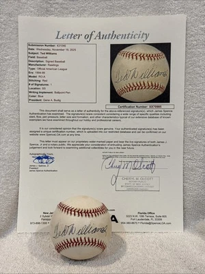 VINTAGE Ted Williams AUTO'D OAL (Budig) Baseball, Boston Red Sox JSA LETTER LOOK - Image 1 of 4