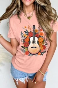 T-shirt donna chitarra stampa fiori girocollo maglietta manica corta sciolta - Foto 1 di 6