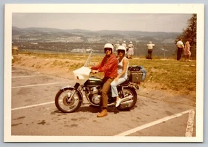 Couple on Motorcycle Vintage Snapshot Photo 1970 Honda cb750. - Picture 1 of 2