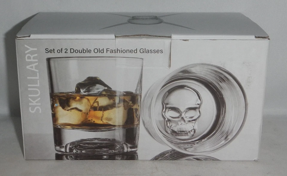Godinger Skullary Set of 2 10oz Old Fashioned Whiskey Drinking Glasses Skull