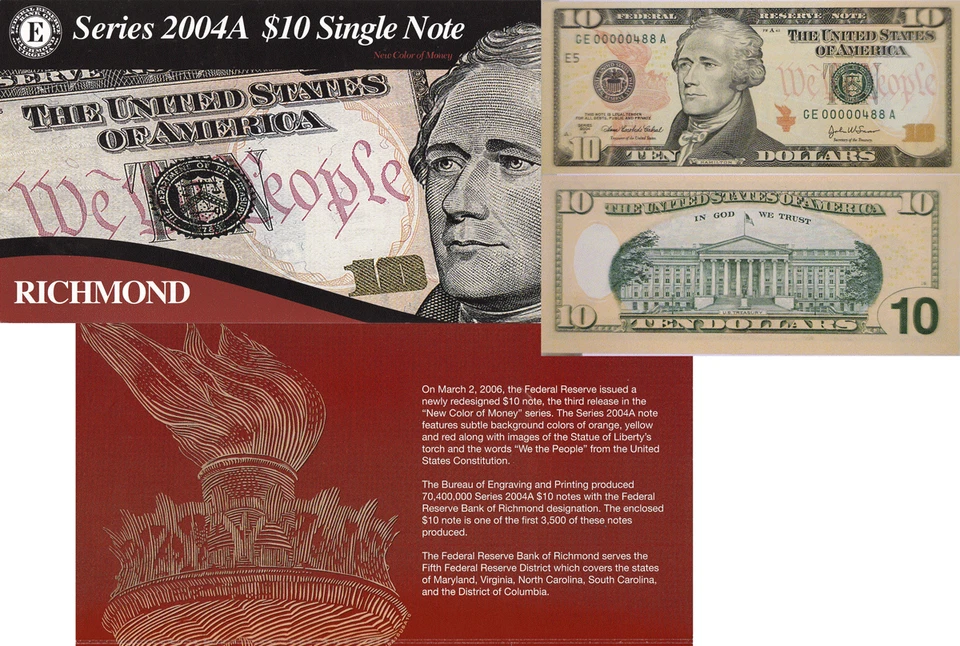 2004 A $10 Richmond District 3 Digit Serial # GE00000488A & BEP Display Card - Image 1 of 1
