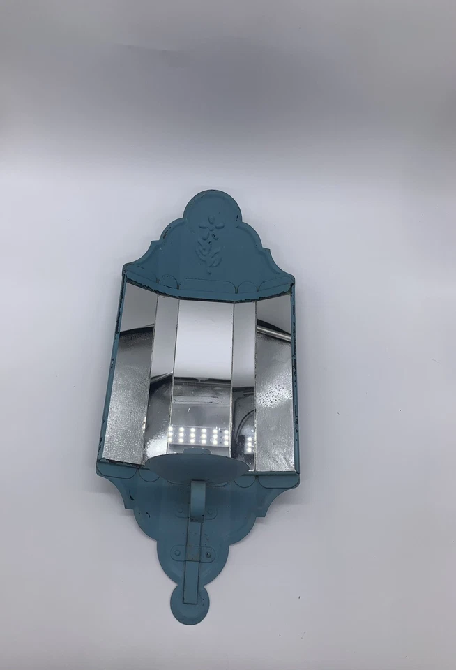 Vintage Light Blue Metal 3D Mirror Wall Panel Scone Candle Holder 17” X 8” - Image 1 of 4