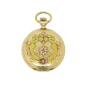 SOLID 14k Multicolor Diamond Elgin Pocket Watch Circa 1900 - Picture 1 of 13