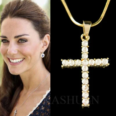 Gold Pl Kreuz mit Swarovski Kristall God Lord Jesus Christus Halskette Schmuck - Bild 1 von 3