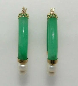 Green Jade and Freshwater White Pearl Hoop Earrings 14k Yellow Gold - Picture 1 of 3