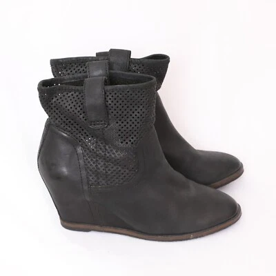 SOLE SOCIETY Keyla Leather Wedge Booties 7.5 Perforated High Heel Black Casual - Image 1 of 4