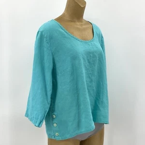 Flachs Large 12 100 % türkis aquamarin Knöpfe Leinen 3/4 Ärmel gewebt Top Shirt Damen - Bild 1 von 11