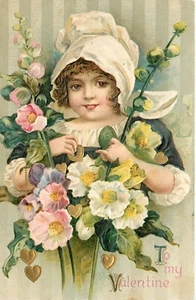 Embossed Valentines Day Winsch Postcard Sunbonnet Girl With Hollyhocks Flowers - Picture 1 of 2