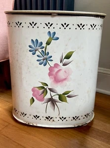 Vintage DETECTO Mid Century Metal Laundry Hamper White W/ Floral Tole Painting - Picture 1 of 20