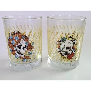 Ed Hardy Skull Tattoo Graphic Drinking Glasses Barware Set of 2 - Picture 1 of 3