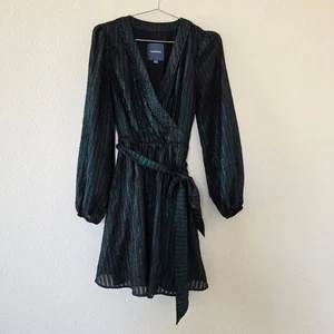 ModCloth Green Black Metallic Striped Wrap Dress Women Size S Long Sleeve Belted - Picture 1 of 11