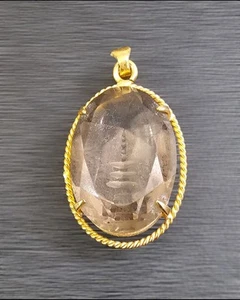Vintage Reverse Intaglio Glass Pendant Smoky Quartz Chinese Pagoda Gold Tone - Picture 1 of 8