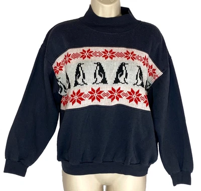Moletom pinguim vintage década de 1980 M preto pulôver suéter preto branco vermelho - Imagem 1 de 4