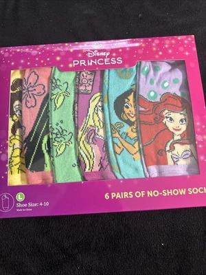 Disney Princess Girls No-Show Socks Set Of 6 Size L 4-10 NWT - Image 1 of 2