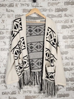 Pol Cardigan Size Medium Black & White Aztec Print Fringe Boho Festival Rustic - Image 1 of 4